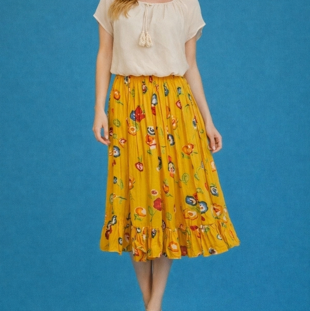 Vintage Bright Yellow Floral Ruffle Longline Peasant Gypsy Boho Festival Skirt